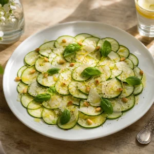 Carpaccio de courgettes crues au parmesan, pignons et basilic sur assiette blanche, vue de dessus