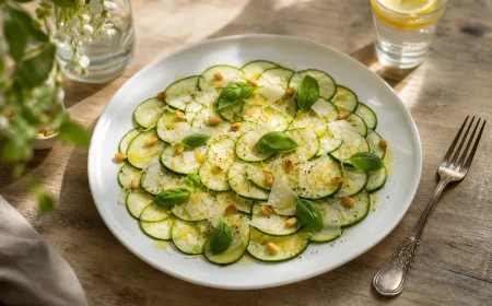 Carpaccio de courgettes crues au parmesan, pignons et basilic sur assiette blanche, vue de dessus