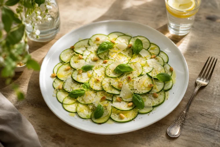 Carpaccio de courgettes crues au parmesan, pignons et basilic sur assiette blanche, vue de dessus