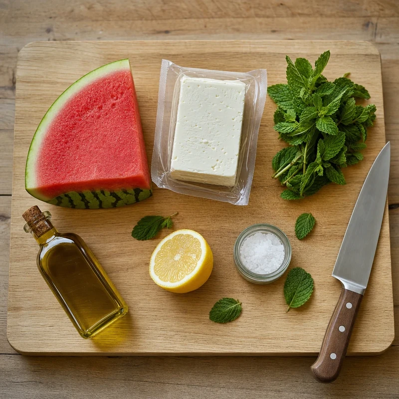 Ingrédients pour la salade pastèque-feta disposés sur une planche en bois