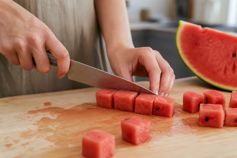 Découpe de la chair de pastèque en cubes réguliers sur une planche en bois