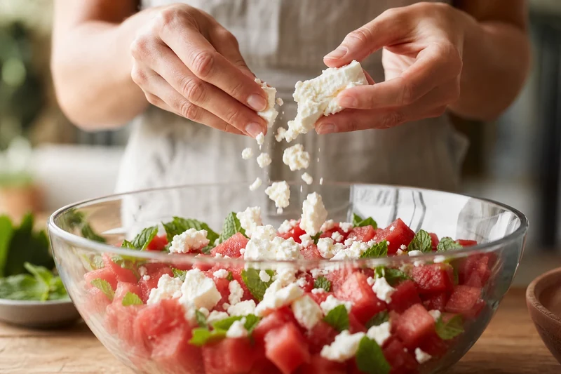 Feta émiettée à la main au-dessus des cubes de pastèque dans un saladier en verre