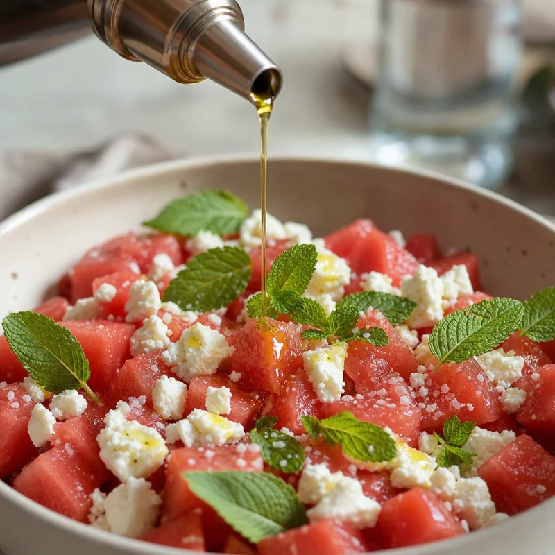 Filet d'huile d'olive versé sur la salade pastèque-feta menthe