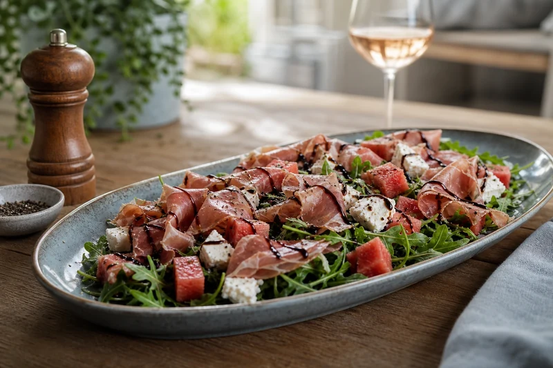 Variante salade pastèque feta avec jambon cru, roquette et balsamique sur assiette ovale
