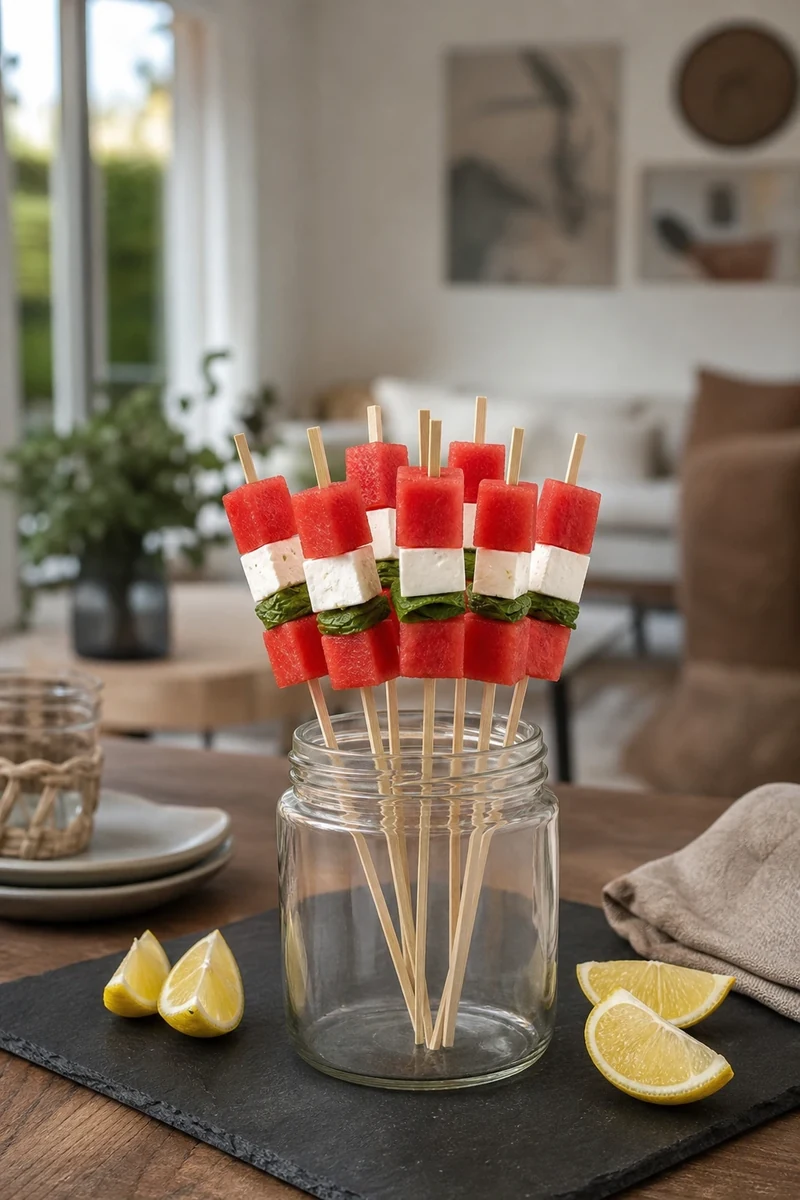 Brochettes apéritives pastèque feta menthe sur pic de bois dans un bocal en verre
