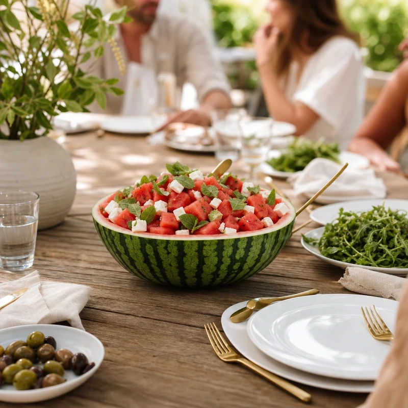 Salade pastèque feta servie dans une demi-pastèque évidée en centre de table d'été