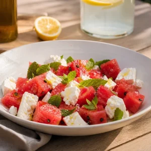 Salade de pastèque et feta à la menthe dressée dans une assiette blanche sur table en bois