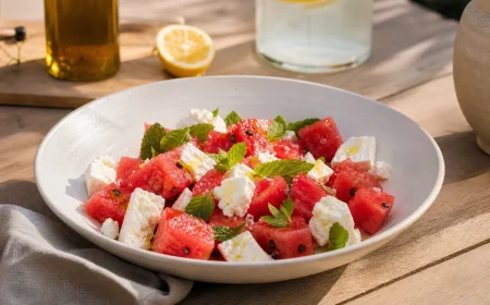 Salade de pastèque et feta à la menthe dressée dans une assiette blanche sur table en bois