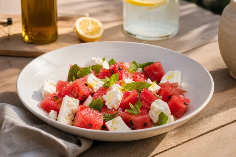 Salade de pastèque et feta à la menthe dressée dans une assiette blanche sur table en bois