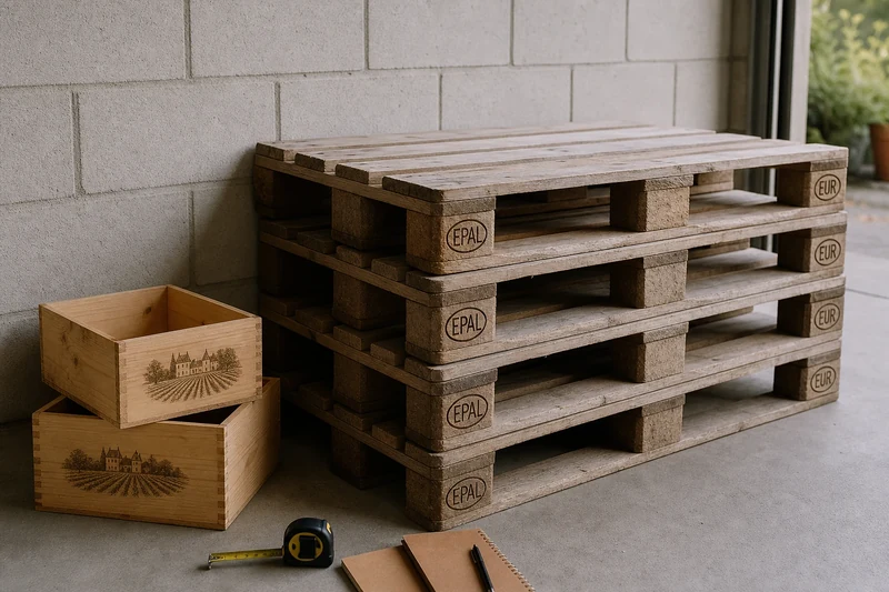 Quatre palettes EUR-EPAL et deux caisses à vin récupérées prêtes pour le montage d'un salon de jardin