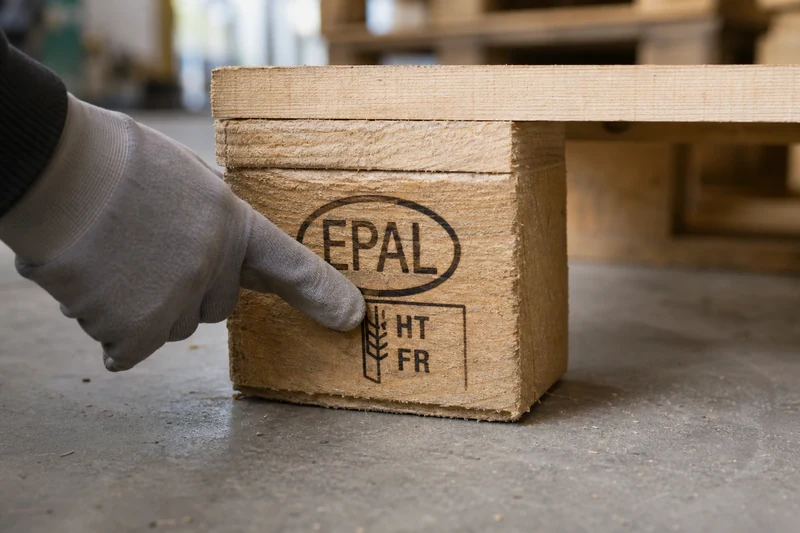 Marquage EPAL HT lisible sur le dé latéral d'une palette Europe à vérifier avant récupération