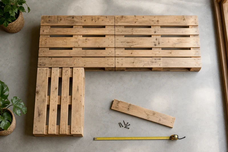 Plan d'assemblage en L de quatre palettes EUR pour canapé d'angle 4 places avec équerres cachées