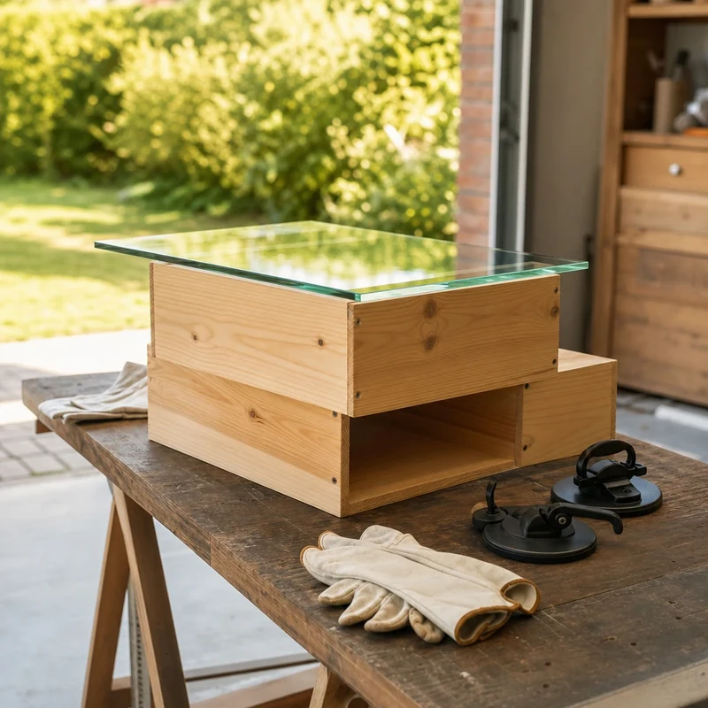 Table basse extérieure construite avec deux caisses à vin en pin et plateau verre trempé récupéré