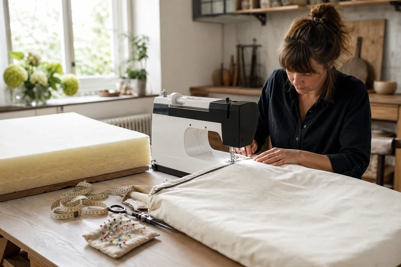 Confection couture d'un coussin extérieur en tissu écru récupéré avec mousse 8 cm pour palette