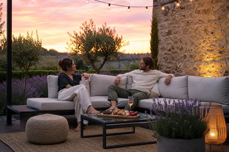 Salon de jardin palettes récup utilisé en soirée d'été avec planche apéritif et guirlande lumineuse