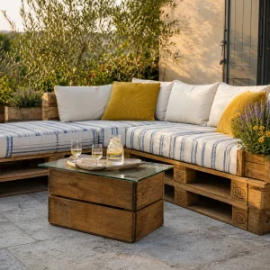 Salon de jardin 4 places fabriqué avec palettes EPAL poncées et caisses à vin sur terrasse française à l'heure dorée