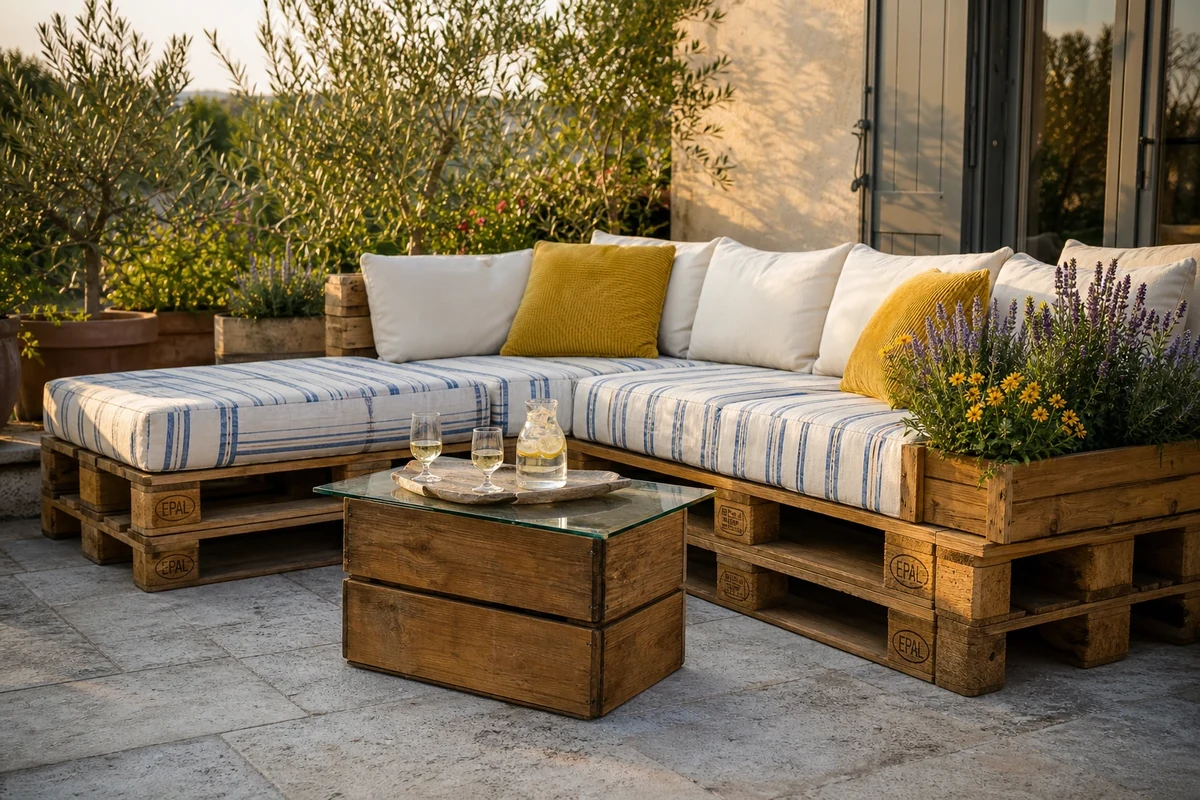 Salon de jardin 4 places fabriqué avec palettes EPAL poncées et caisses à vin sur terrasse française à l'heure dorée