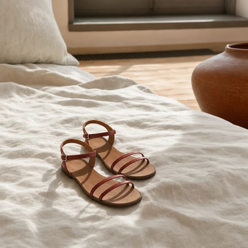 Sandales plates minimalistes à brides fines en cuir rouge brique sur un drap de lin froissé.
