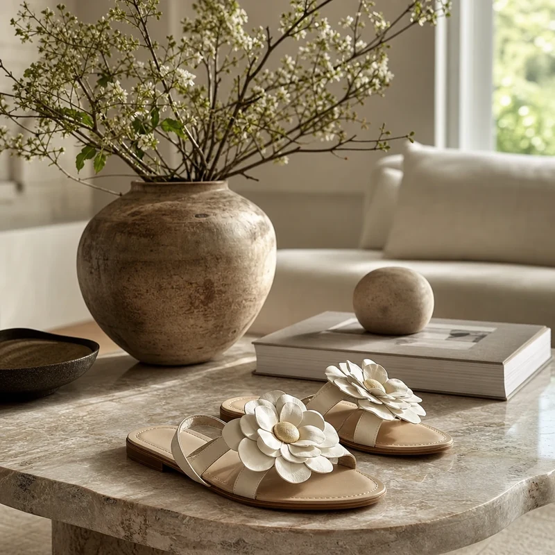 Sandale plate blanc cassé ornée d'une fleur en cuir en relief, pièce statement de l'été 2026.