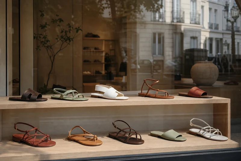 Vitrine parisienne présentant une sélection de sandales plates couleurs chocolat, camel et sauge pour l'été 2026.