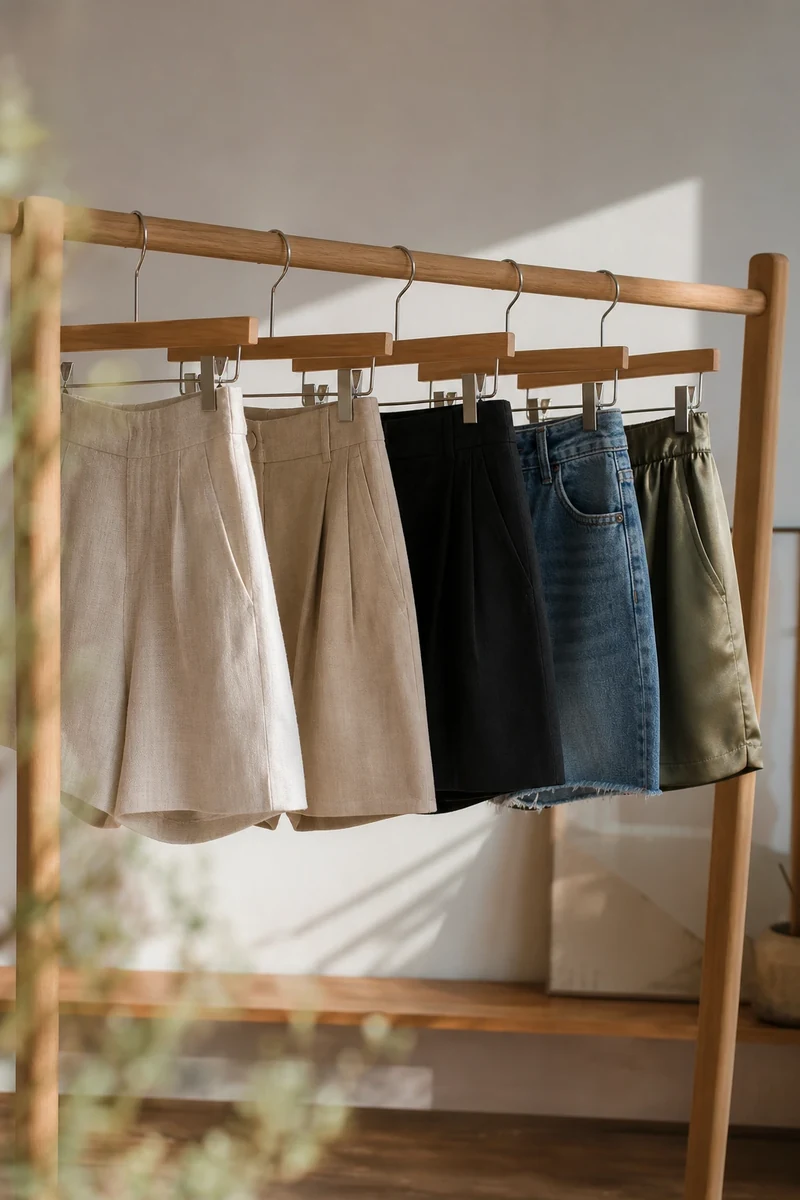 Cinq modèles de shorts taille haute alignés sur cintres en bois — lin, bermuda, tailleur, jean, satin