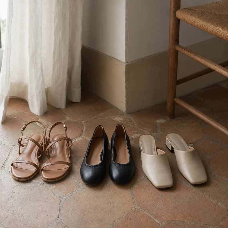 Sandales plates camel, ballerines noires et mules en cuir naturel posées sur sol en tomettes