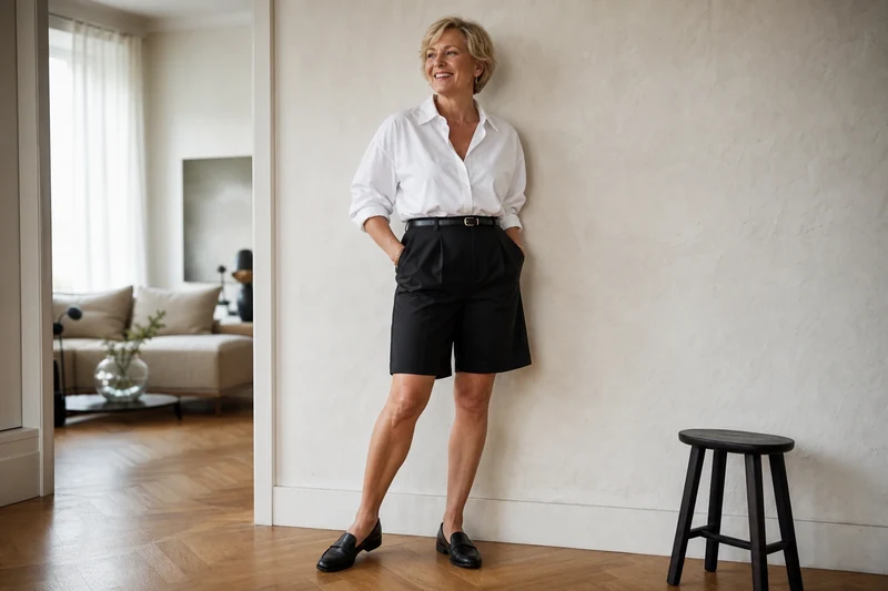 Femme silhouette pleine en bermuda à pinces noir taille haute et blouse blanche en popeline