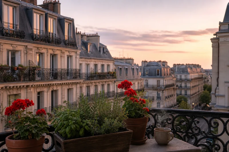 Coucher de soleil tardif depuis un balcon parisien au soir du solstice d'été