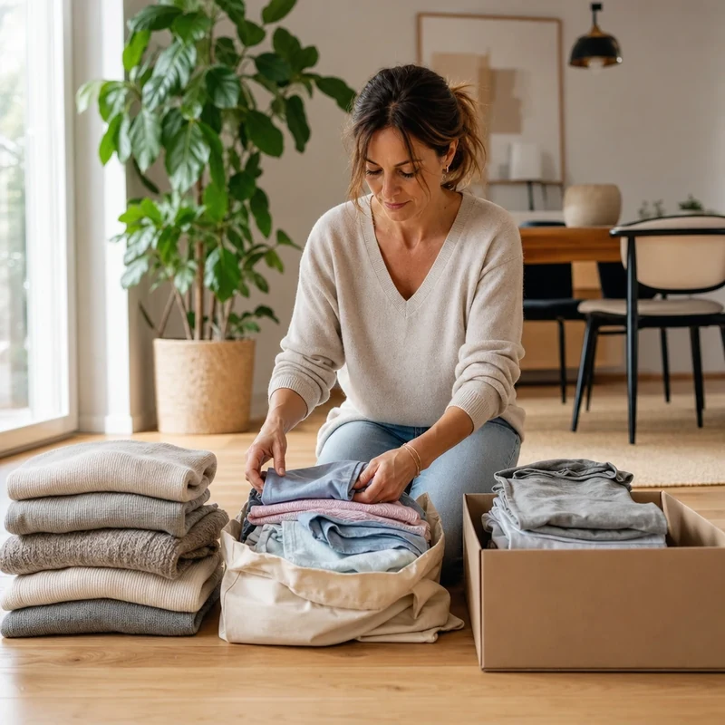 Tri de vêtements en trois piles garder donner recycler lors du grand rangement d'été