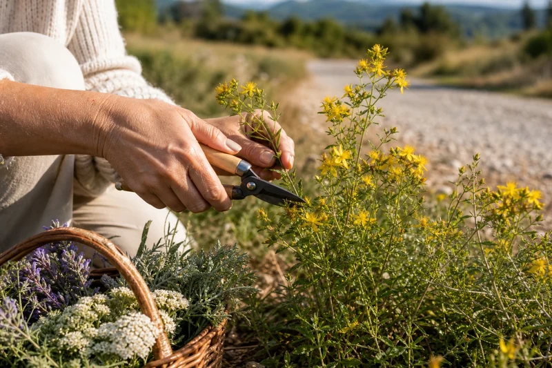 Cueillette du millepertuis et d'autres herbes de la Saint-Jean dans un panier en osier à l'aube