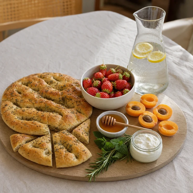 Brunch de saison pour le jour du solstice avec fougasse aux herbes, fraises et abricots