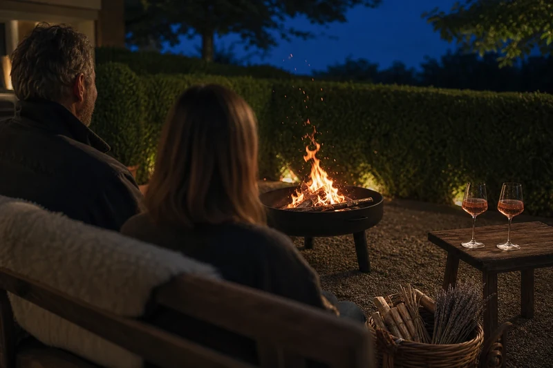 Petit feu de la Saint-Jean dans un brasero en fonte au jardin à la tombée de la nuit