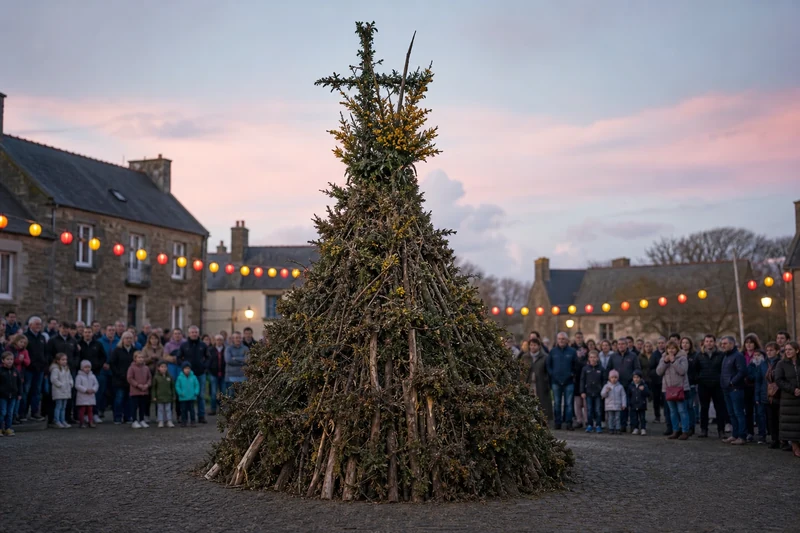 Grand bûcher traditionnel de la Saint-Jean (tantad) prêt à être allumé sur une place de village breton