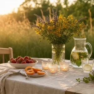 Table de jardin dressée pour le solstice d'été avec fleurs jaunes de millepertuis, fruits rouges et photophores au coucher du soleil