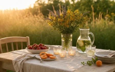 Table de jardin dressée pour le solstice d'été avec fleurs jaunes de millepertuis, fruits rouges et photophores au coucher du soleil