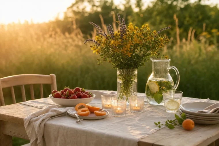 Table de jardin dressée pour le solstice d'été avec fleurs jaunes de millepertuis, fruits rouges et photophores au coucher du soleil