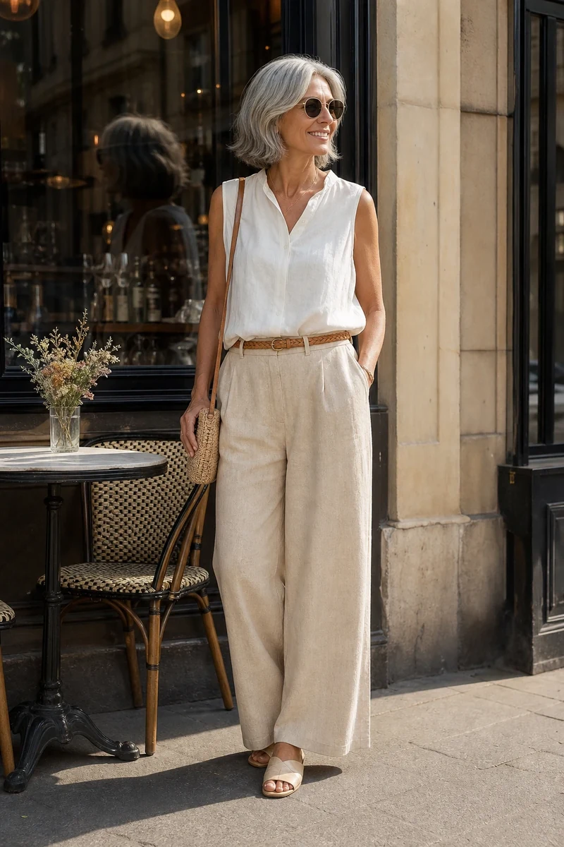 Look brunch matinal pour femme 50 ans : pantalon large en lin beige et chemisier blanc sans manches