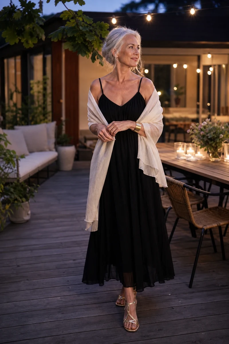 Tenue soirée habillée femme 50 ans canicule : robe longue noire en voile de coton et étole ivoire