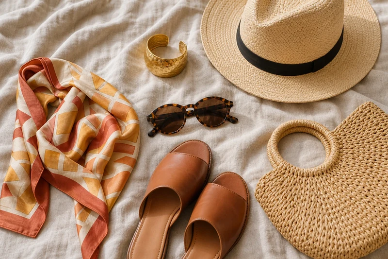 Six accessoires signature pour un look d'été après 50 ans : lunettes, foulard, mules, chapeau, manchette, sac en raphia
