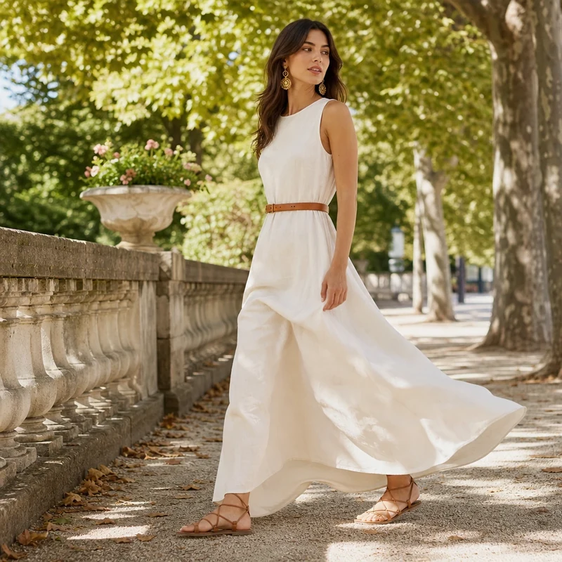 Robe longue trapèze en lin blanc, pièce tendance canicule été 2026
