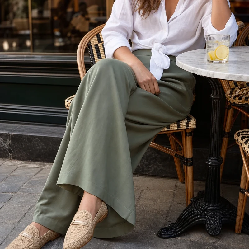 Pantalon large en lyocell vert sauge et chemise coton fin, look canicule chic