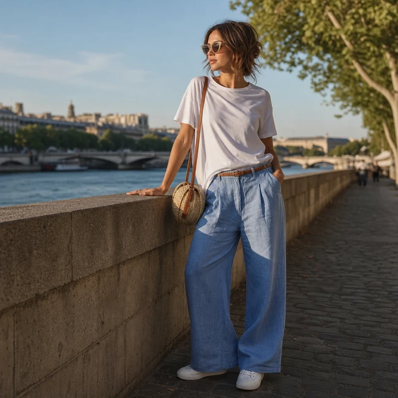 Look casual canicule : t-shirt coton blanc et jean wide leg en lin clair