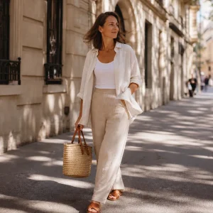 Femme en ensemble lin écru ample marchant à Paris en pleine canicule