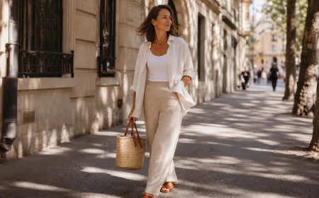 Femme en ensemble lin écru ample marchant à Paris en pleine canicule