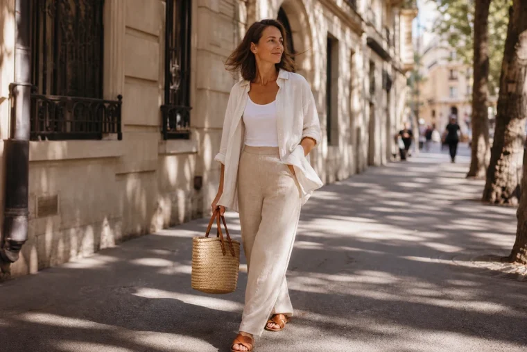 Femme en ensemble lin écru ample marchant à Paris en pleine canicule