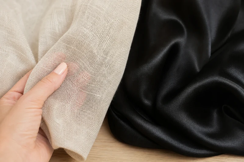 Comparaison gros plan d'un tissu en lin écru aéré et d'un polyester noir serré