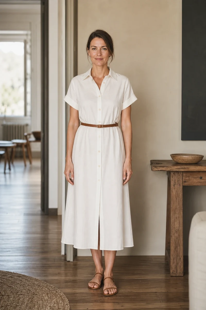 Femme en robe chemise blanche en coton et sandales plates sur fond beige