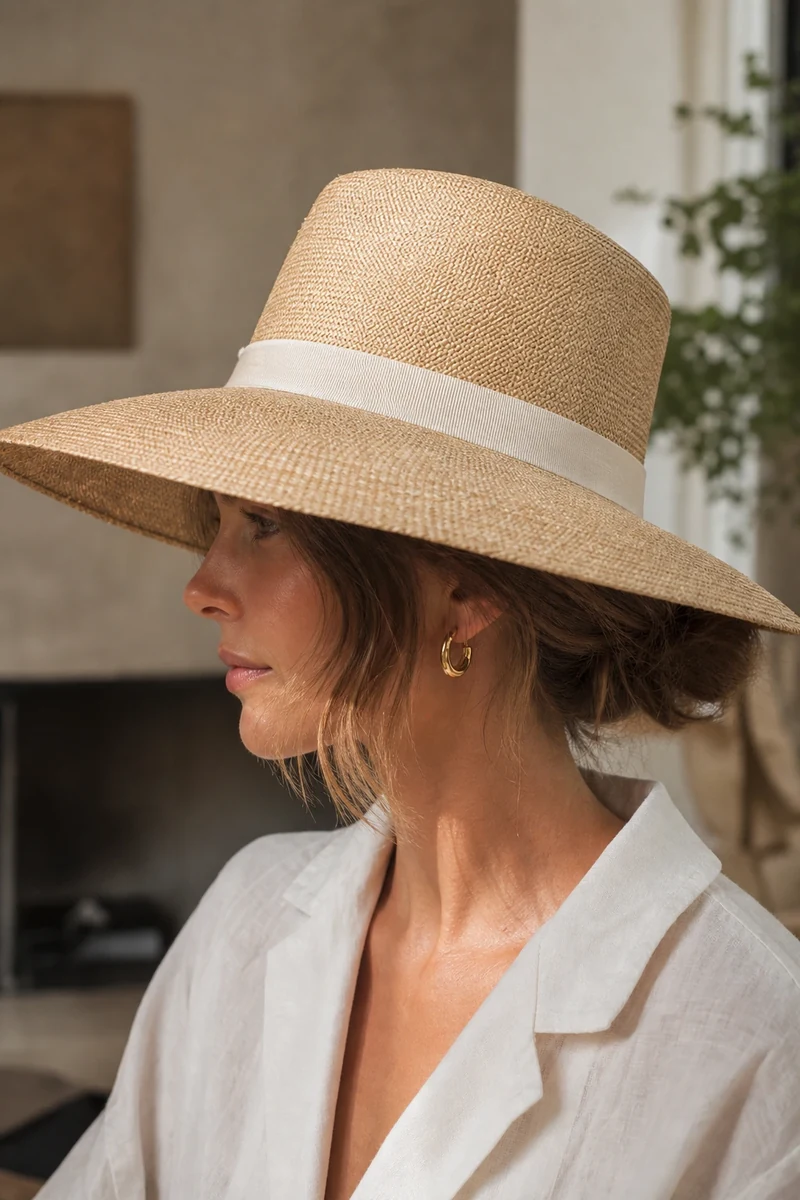 Gros plan d'un chapeau de paille naturelle à larges bords porté de profil par une femme