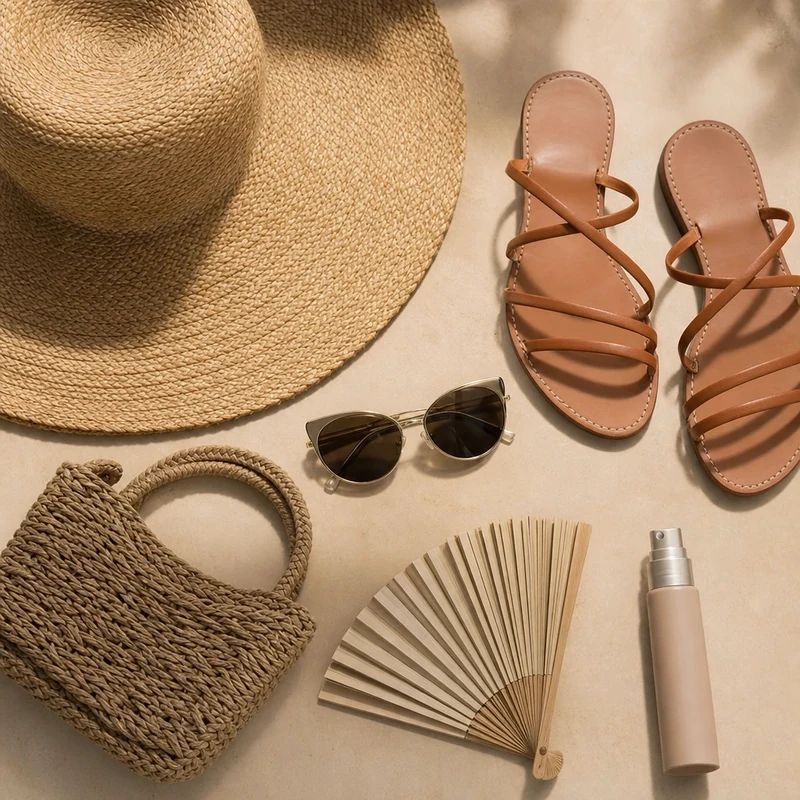 Flat lay d'accessoires anti-canicule : chapeau de paille, sandales plates, sac en raphia, lunettes dorées, éventail