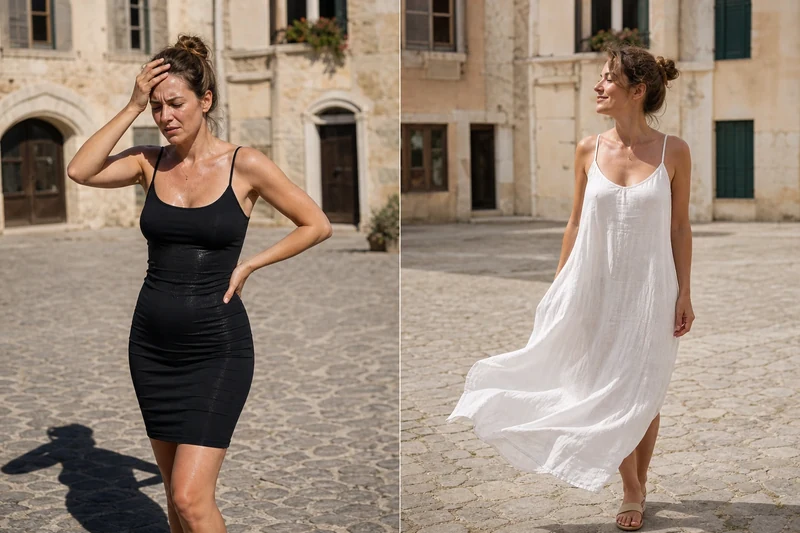 Comparaison entre robe noire moulante et robe fluide blanche en lin sous le soleil